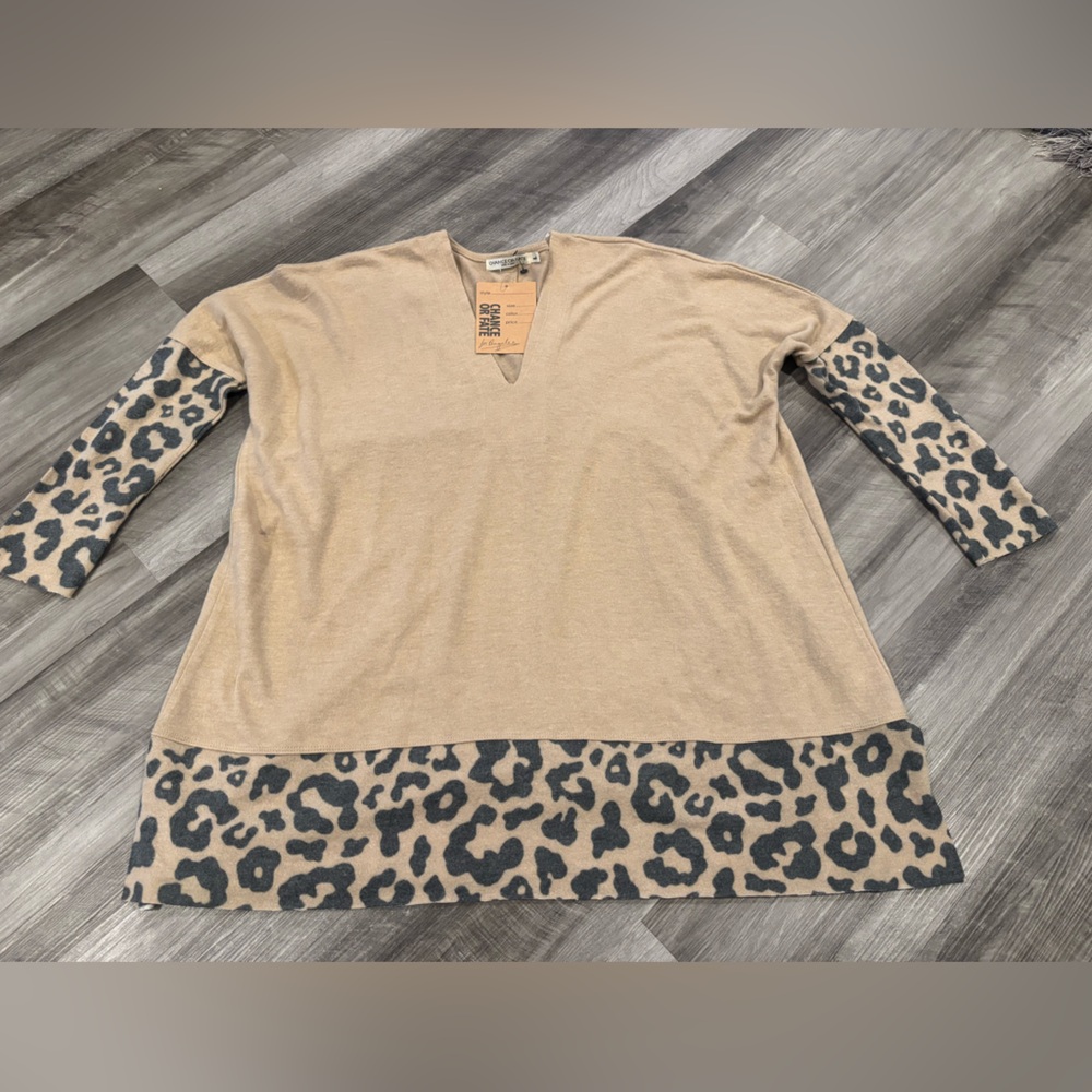 NWT Chance or Fate Beige and Leopard Print Color Block Sweater - Size Large